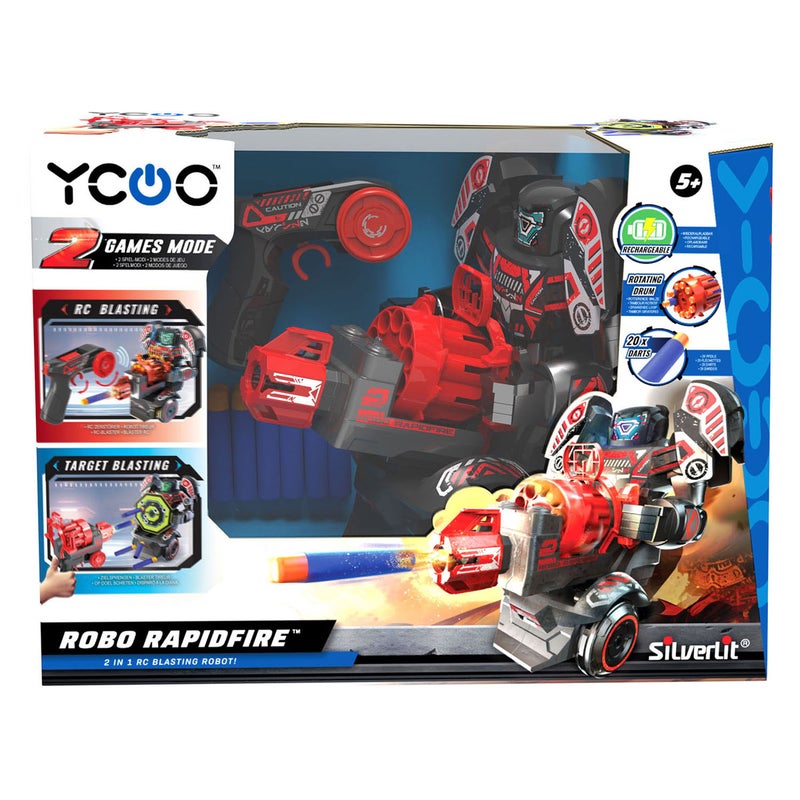 YCOO Robo RapidFire 2-in-1 RC Blasting Robot (27 cm, Red) - Image 1